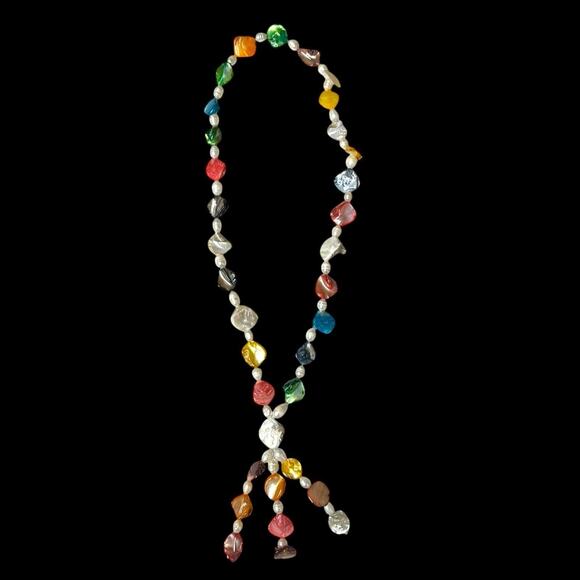 Freshwater Baroque Pearl Necklace Tassel Rainbow Multicolor Beach Ocean Wedding - Picture 12 of 14